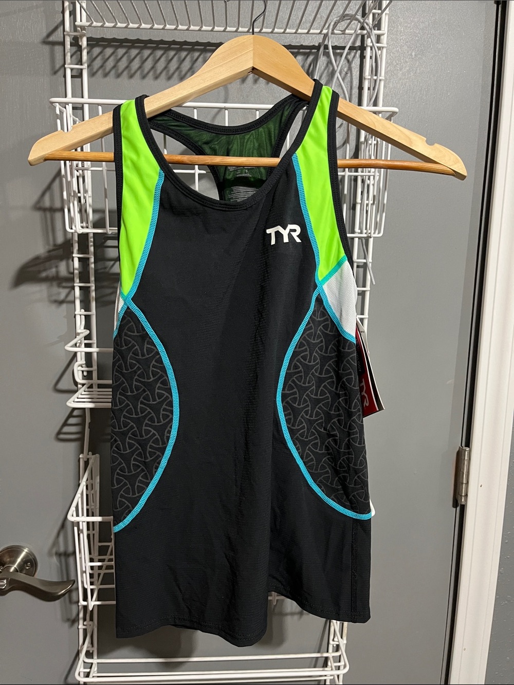 TYR Black Tank with Neon Green and Teal Trim